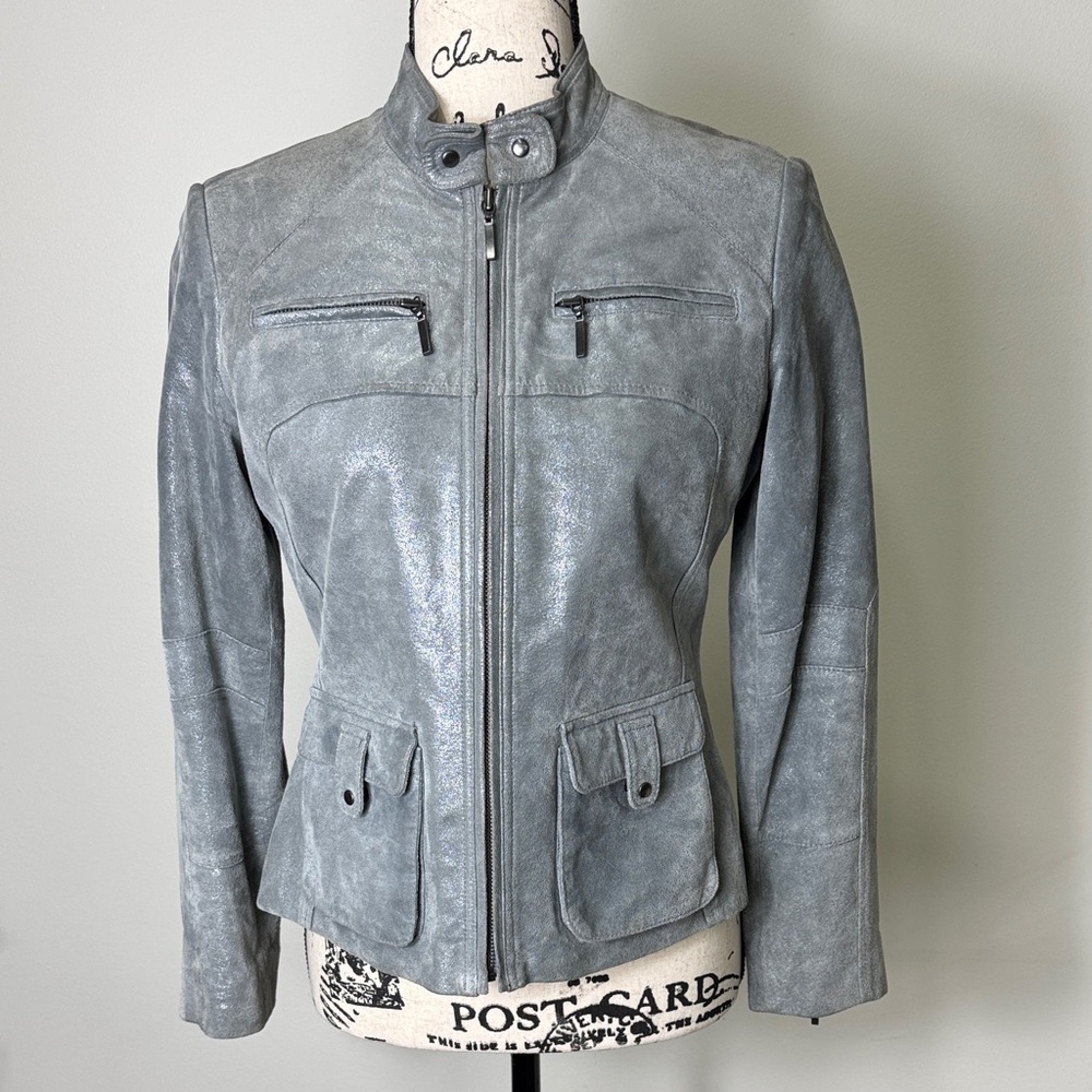 ALFANI Leather Women's Metallic Gray Moto Biker Jacket Petite Extra Small